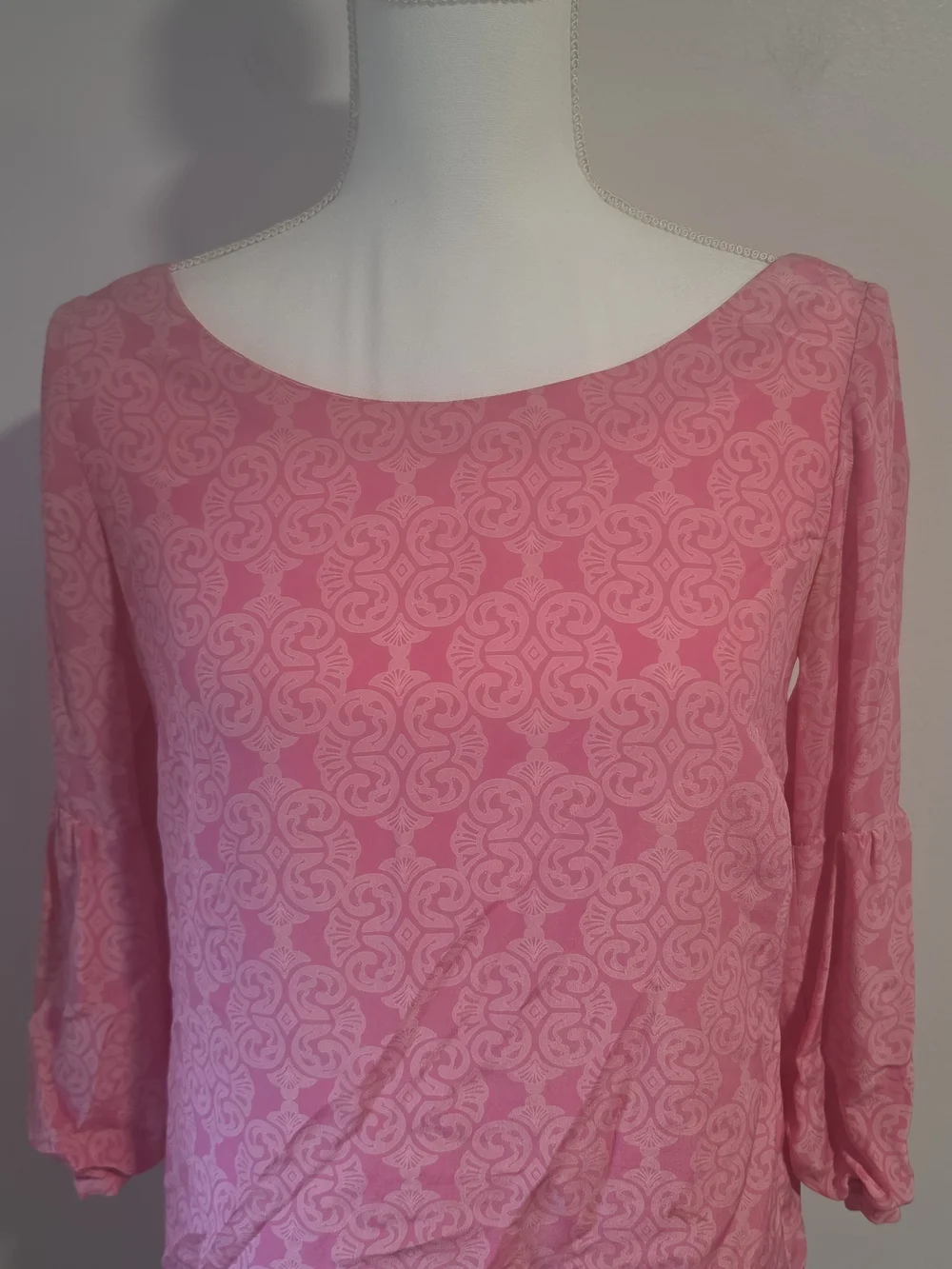 Lilly Pulitzer Pink Patterned Boatneck Puff 3/4 Sleeve Blouse Women's Size 2
